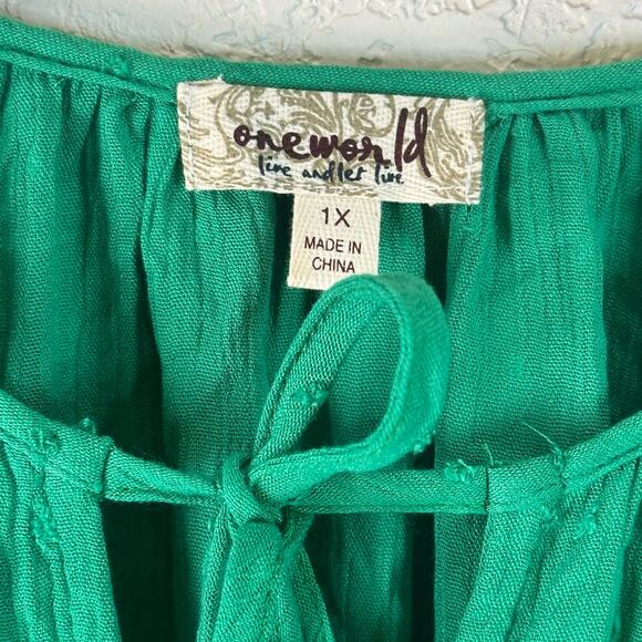 One World Green Multicolor Embroidered Bohemian Flowy Peasant Blouse Size 1X - Picture 4 of 7